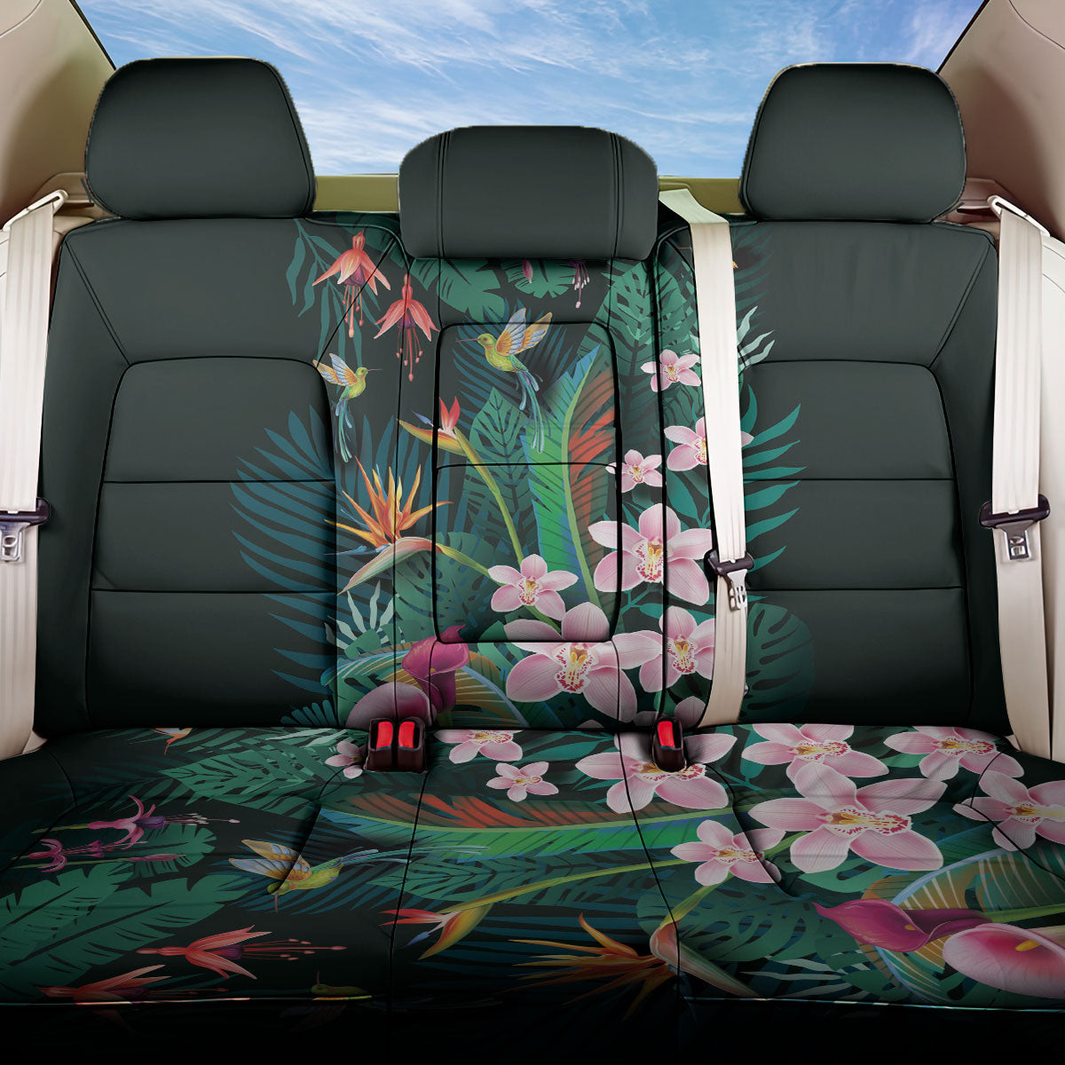 Hawaii Hummingbird Tropical Flowers Back Car Seat Cover Dark Green LT01 One Size Green - Polynesian Pride