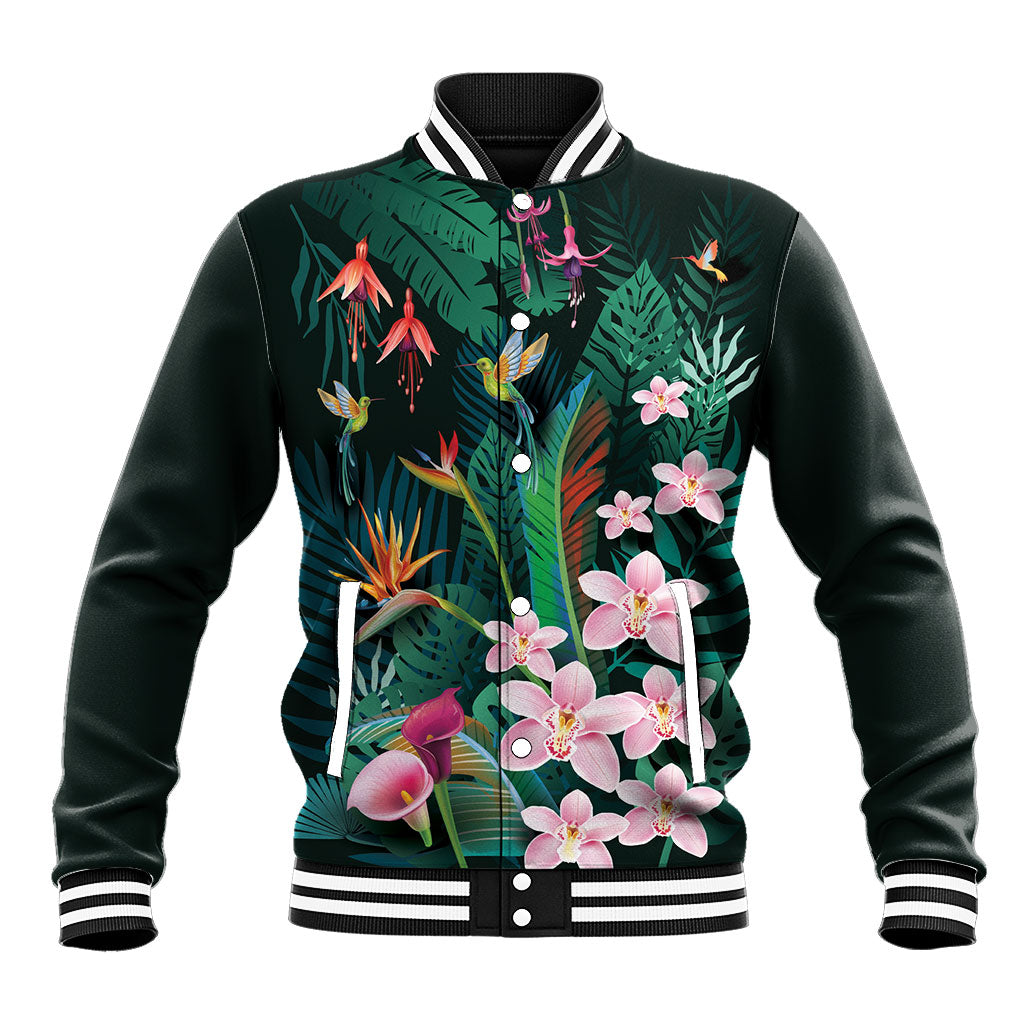 Hawaii Hummingbird Tropical Flowers Baseball Jacket Dark Green LT01 Unisex Green - Polynesian Pride