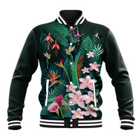 Hawaii Hummingbird Tropical Flowers Baseball Jacket Dark Green LT01 Unisex Green - Polynesian Pride