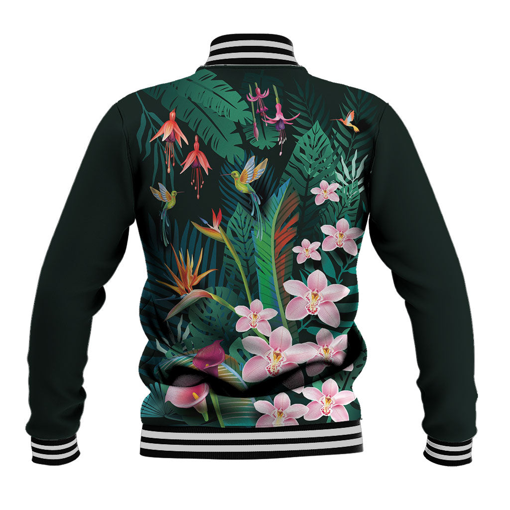 Hawaii Hummingbird Tropical Flowers Baseball Jacket Dark Green LT01 - Polynesian Pride