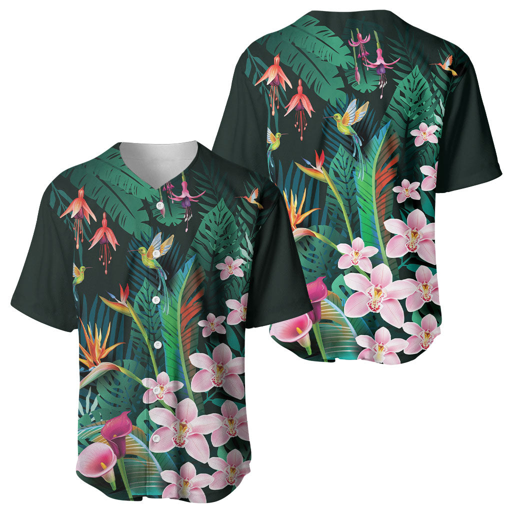 Hawaii Hummingbird Tropical Flowers Baseball Jersey Dark Green LT01 - Polynesian Pride