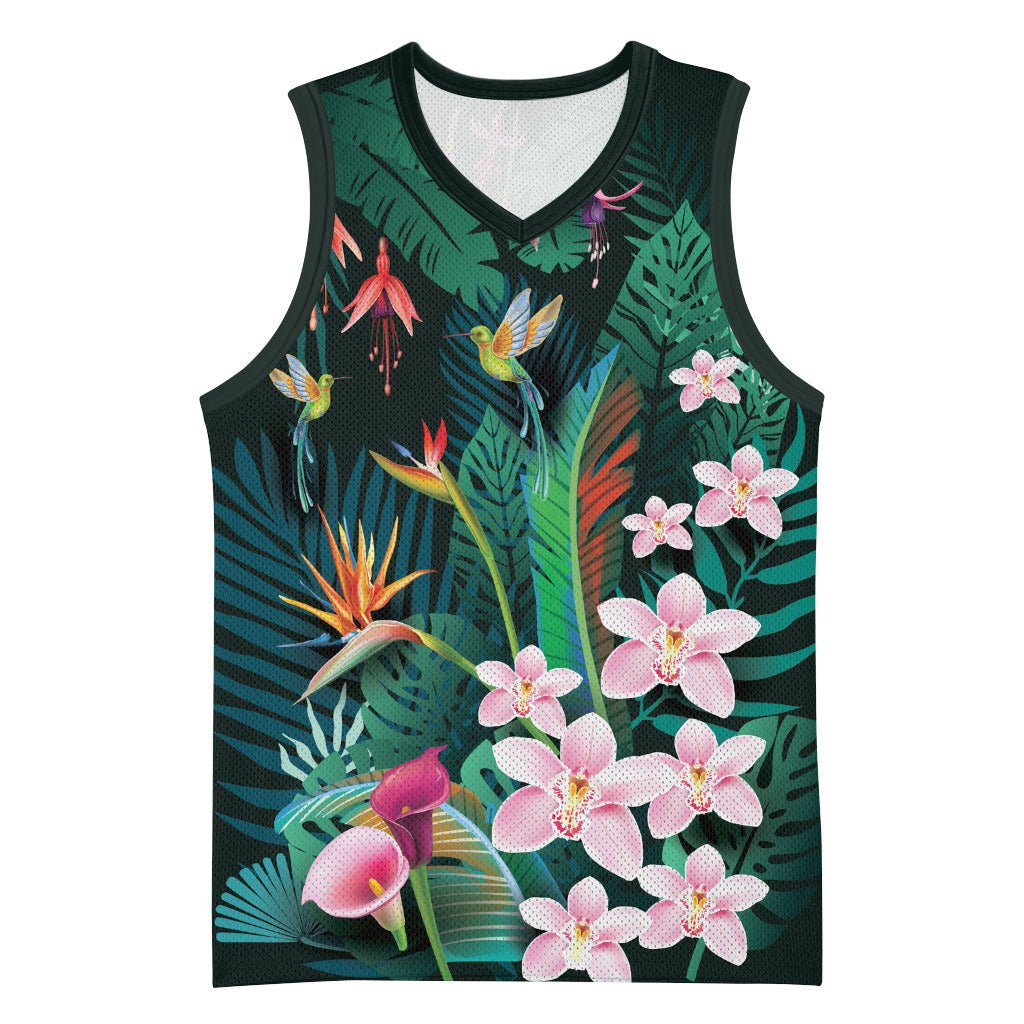 Hawaii Hummingbird Tropical Flowers Basketball Jersey Dark Green LT01 Unisex Green - Polynesian Pride