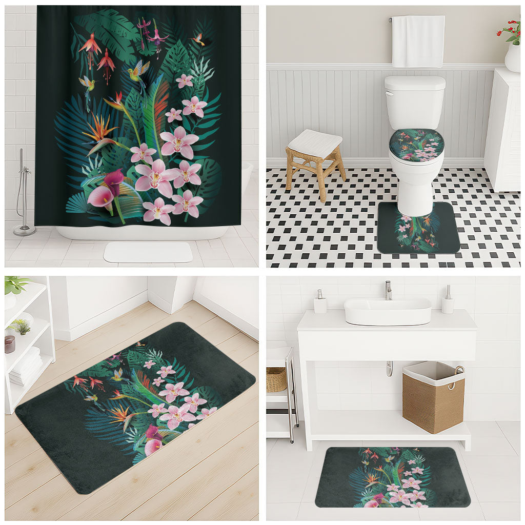 Hawaii Hummingbird Tropical Flowers Bathroom Set Dark Green LT01 - Polynesian Pride