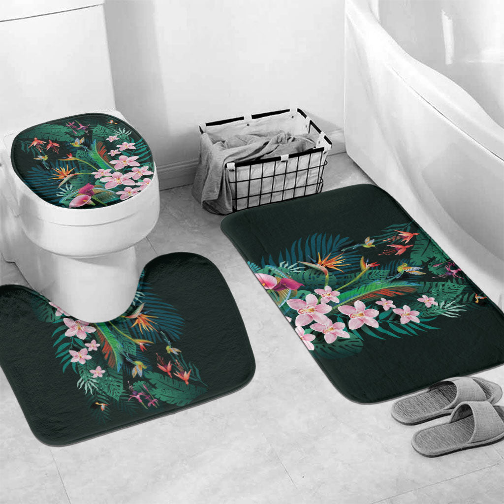 Hawaii Hummingbird Tropical Flowers Bathroom Set Dark Green LT01 Mat Set Only (3 pcs) One Size Green - Polynesian Pride
