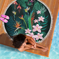 Hawaii Hummingbird Tropical Flowers Beach Blanket Dark Green LT01 - Polynesian Pride
