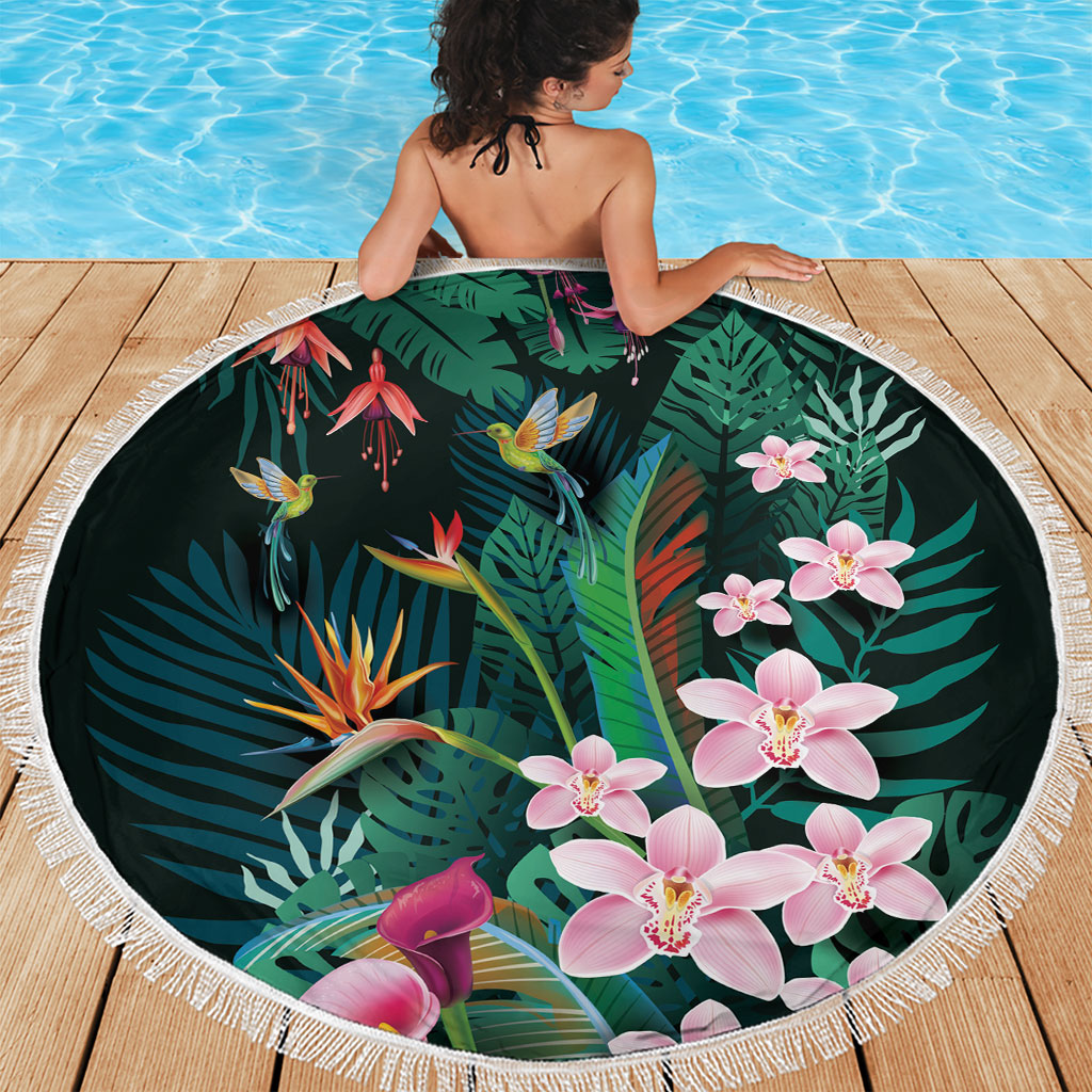 Hawaii Hummingbird Tropical Flowers Beach Blanket Dark Green LT01 - Polynesian Pride