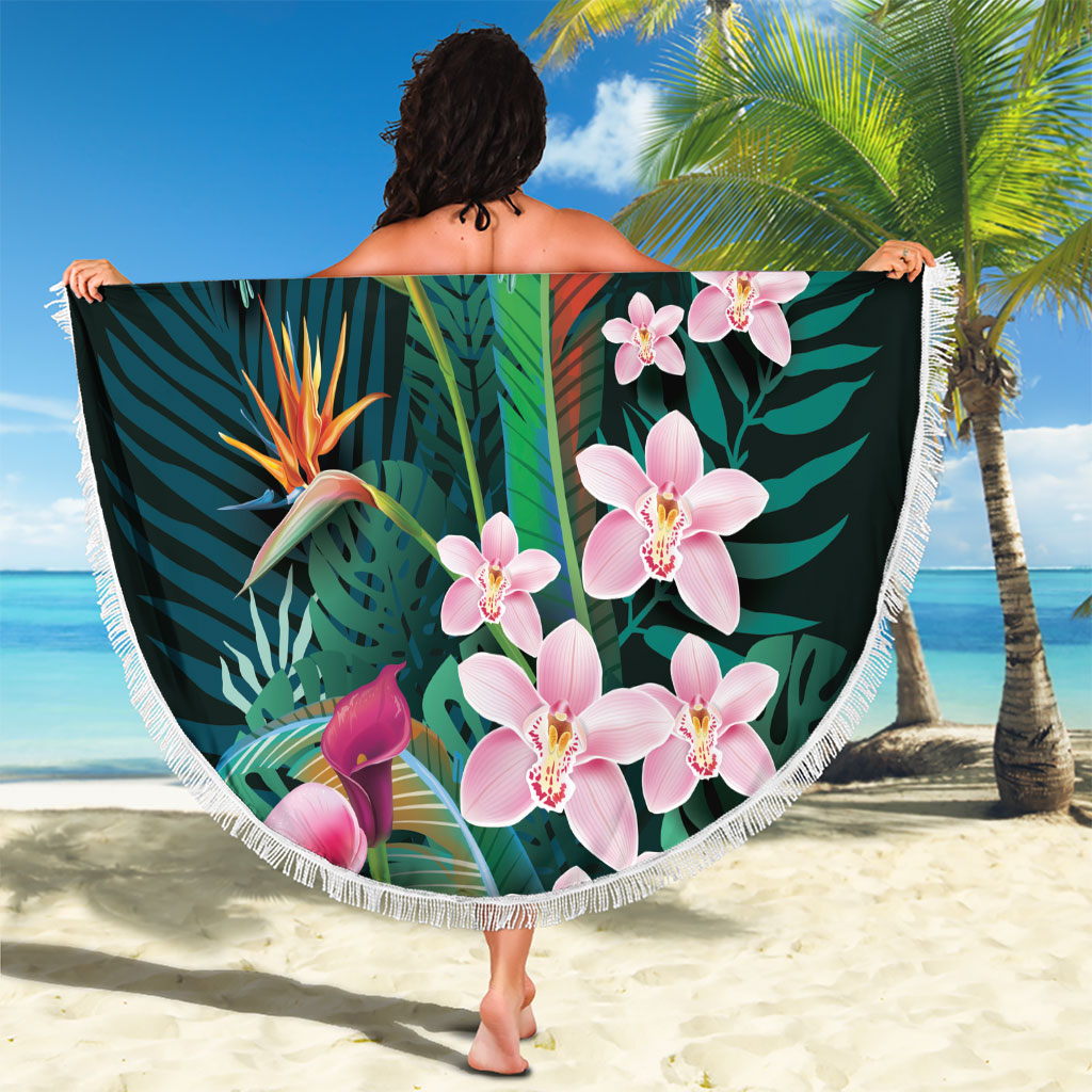 Hawaii Hummingbird Tropical Flowers Beach Blanket Dark Green LT01 - Polynesian Pride