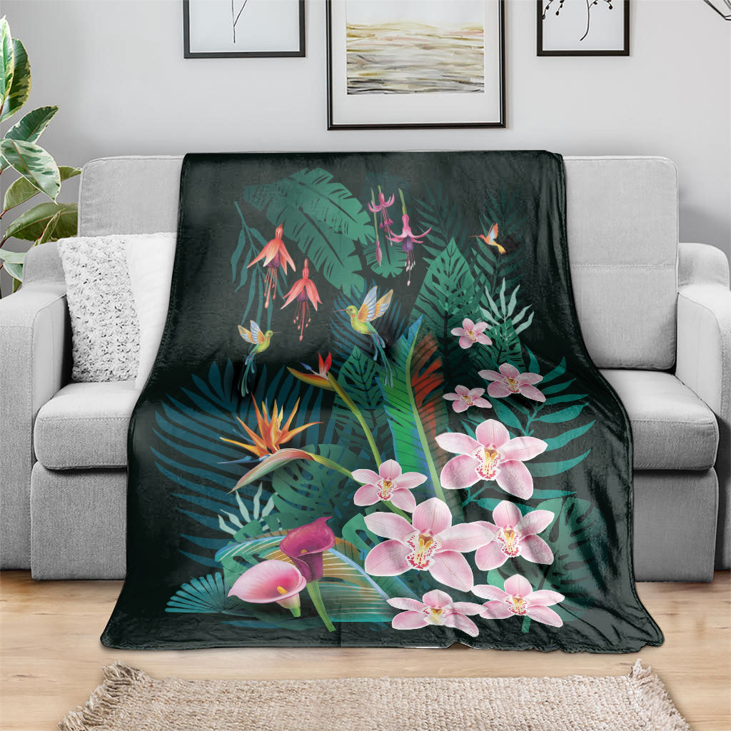 Hawaii Hummingbird Tropical Flowers Blanket Dark Green LT01 - Polynesian Pride