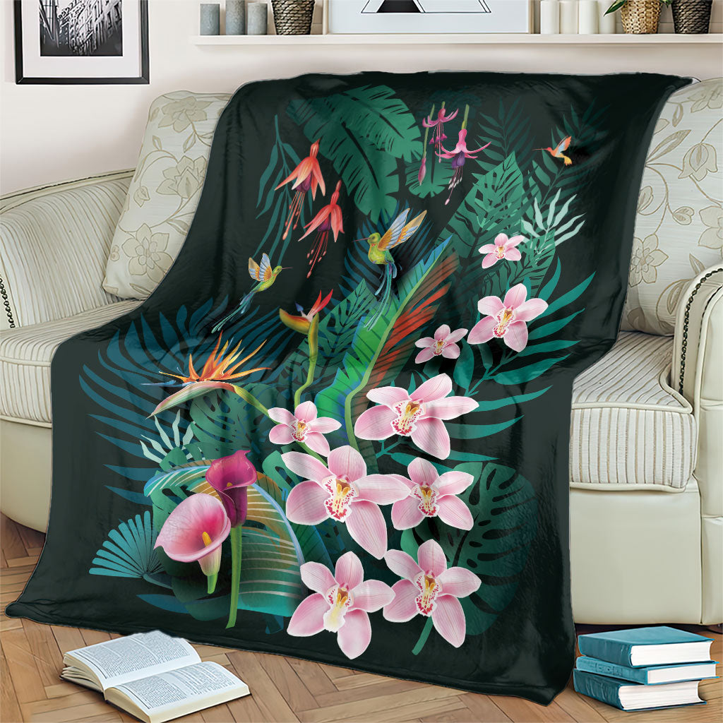 Hawaii Hummingbird Tropical Flowers Blanket Dark Green LT01 - Polynesian Pride