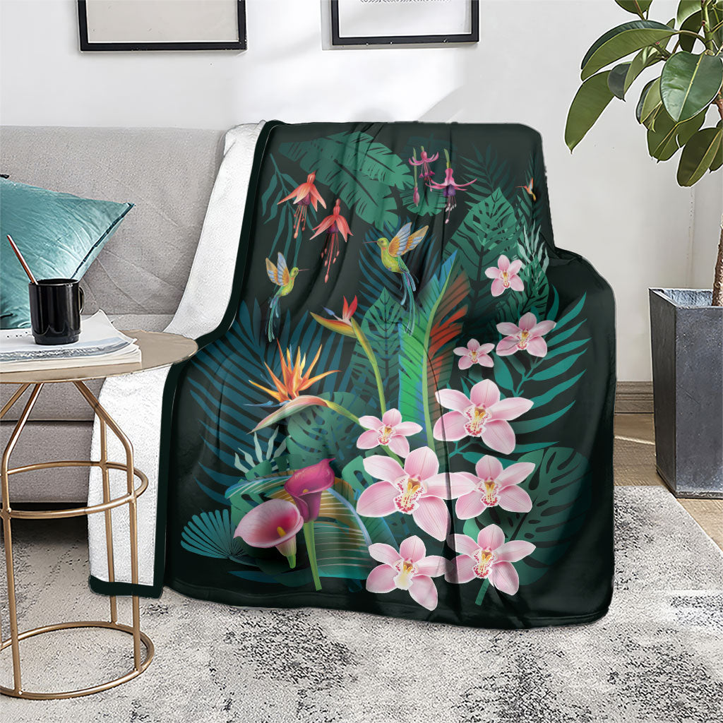 Hawaii Hummingbird Tropical Flowers Blanket Dark Green LT01 - Polynesian Pride