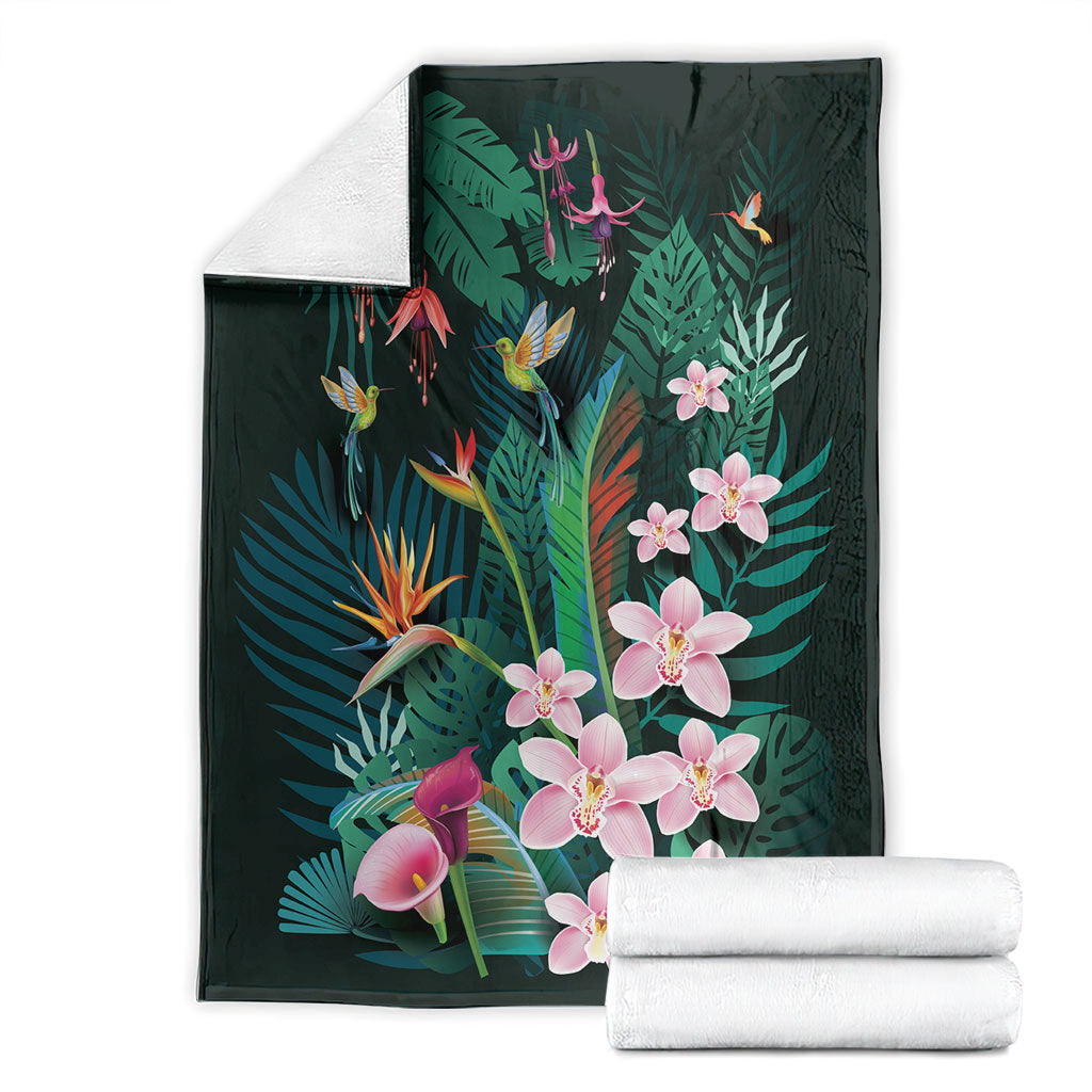Hawaii Hummingbird Tropical Flowers Blanket Dark Green LT01 - Polynesian Pride