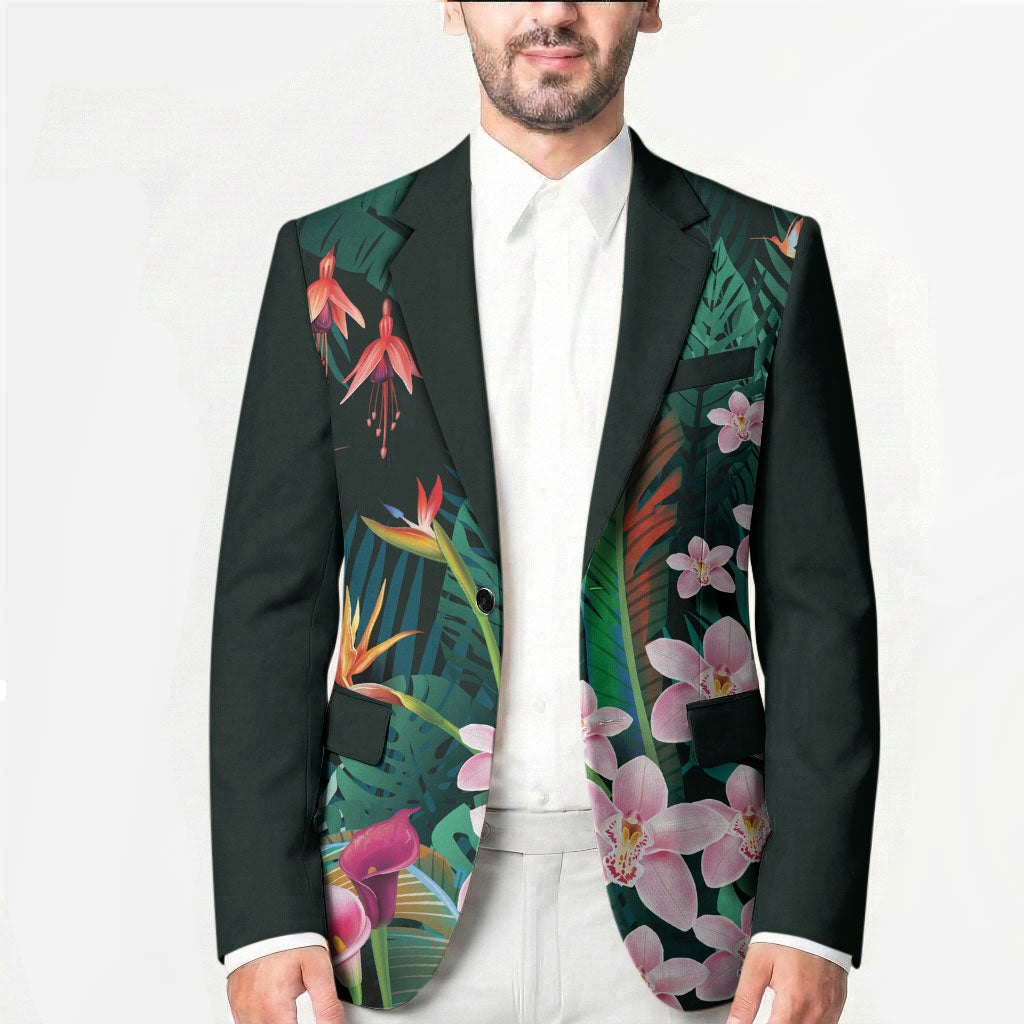 Hawaii Hummingbird Tropical Flowers Blazer Dark Green LT01 - Polynesian Pride
