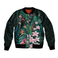 Hawaii Hummingbird Tropical Flowers Bomber Jacket Dark Green LT01 Unisex Green - Polynesian Pride