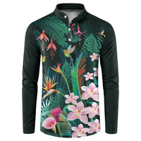 Hawaii Hummingbird Tropical Flowers Button Sweatshirt Dark Green LT01 Green - Polynesian Pride