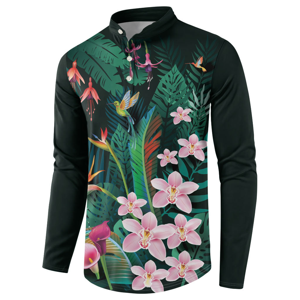 Hawaii Hummingbird Tropical Flowers Button Sweatshirt Dark Green LT01 - Polynesian Pride