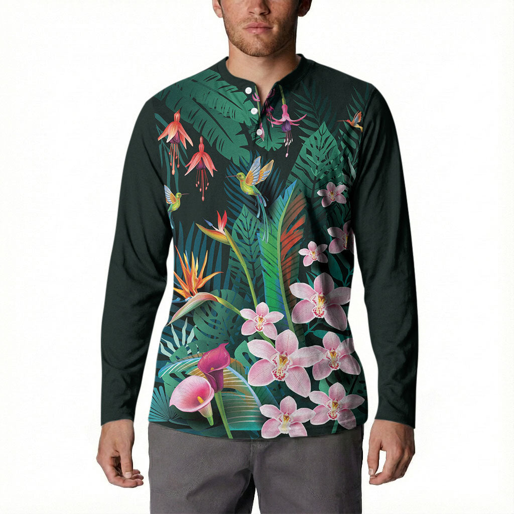 Hawaii Hummingbird Tropical Flowers Button Sweatshirt Dark Green LT01 - Polynesian Pride
