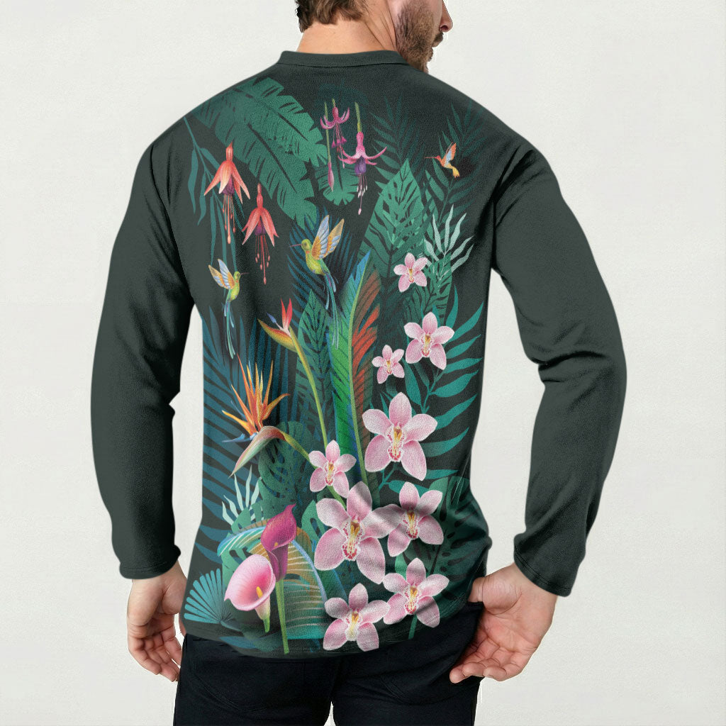 Hawaii Hummingbird Tropical Flowers Button Sweatshirt Dark Green LT01 - Polynesian Pride