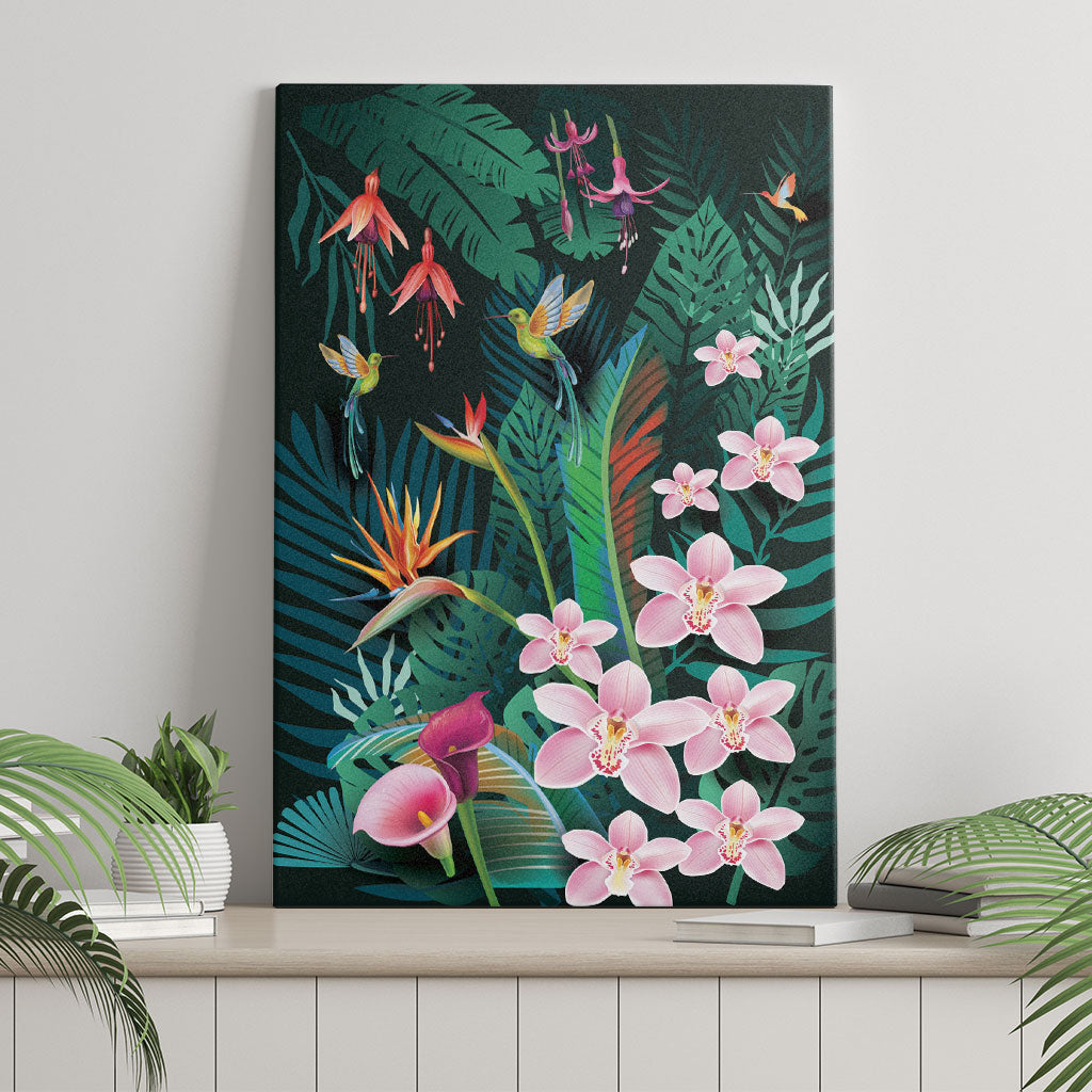Hawaii Hummingbird Tropical Flowers Canvas Wall Art Dark Green LT01 - Polynesian Pride