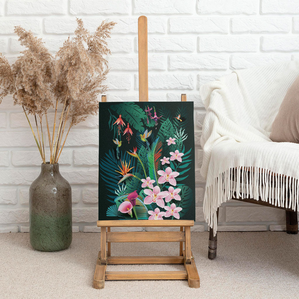 Hawaii Hummingbird Tropical Flowers Canvas Wall Art Dark Green LT01 - Polynesian Pride