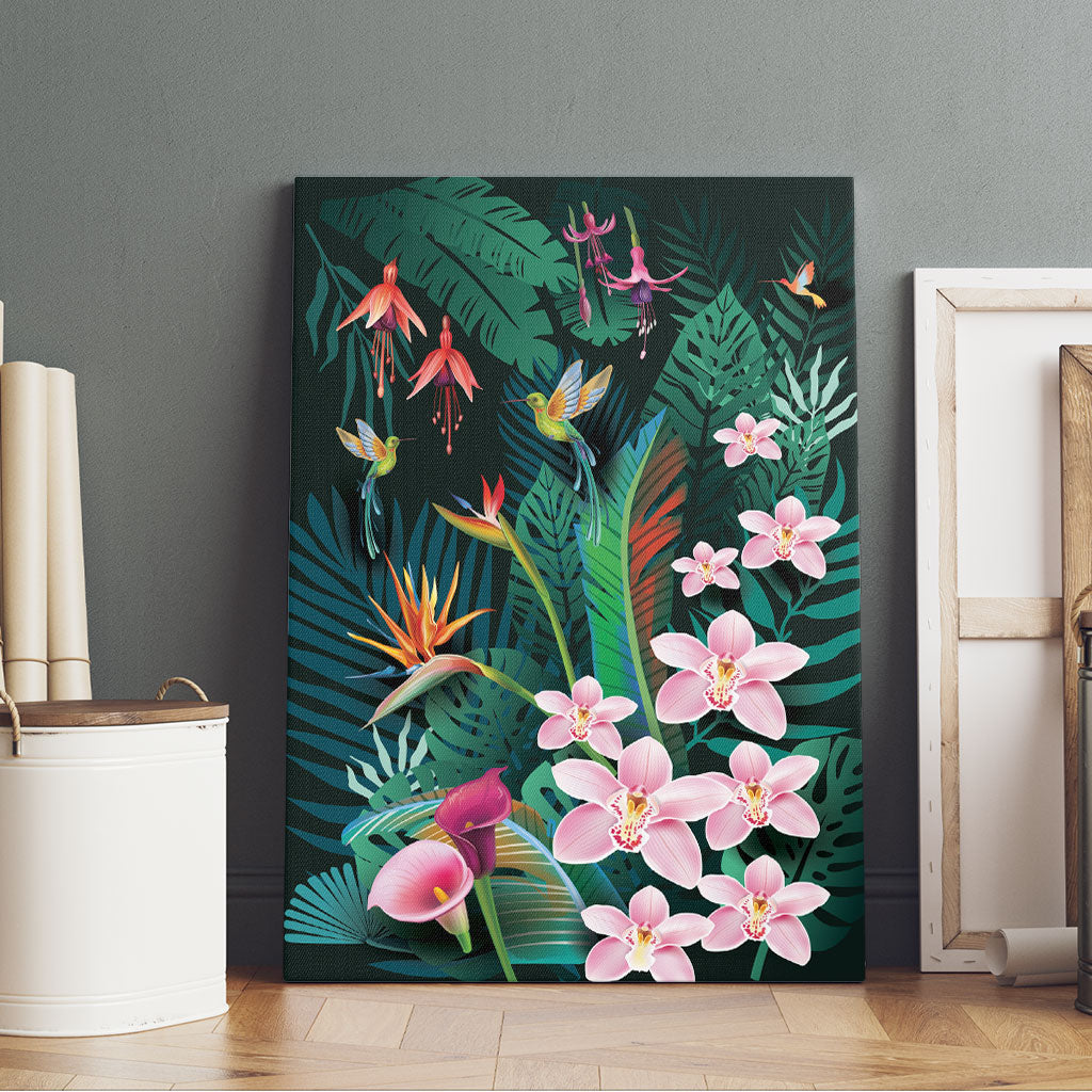 Hawaii Hummingbird Tropical Flowers Canvas Wall Art Dark Green LT01 - Polynesian Pride