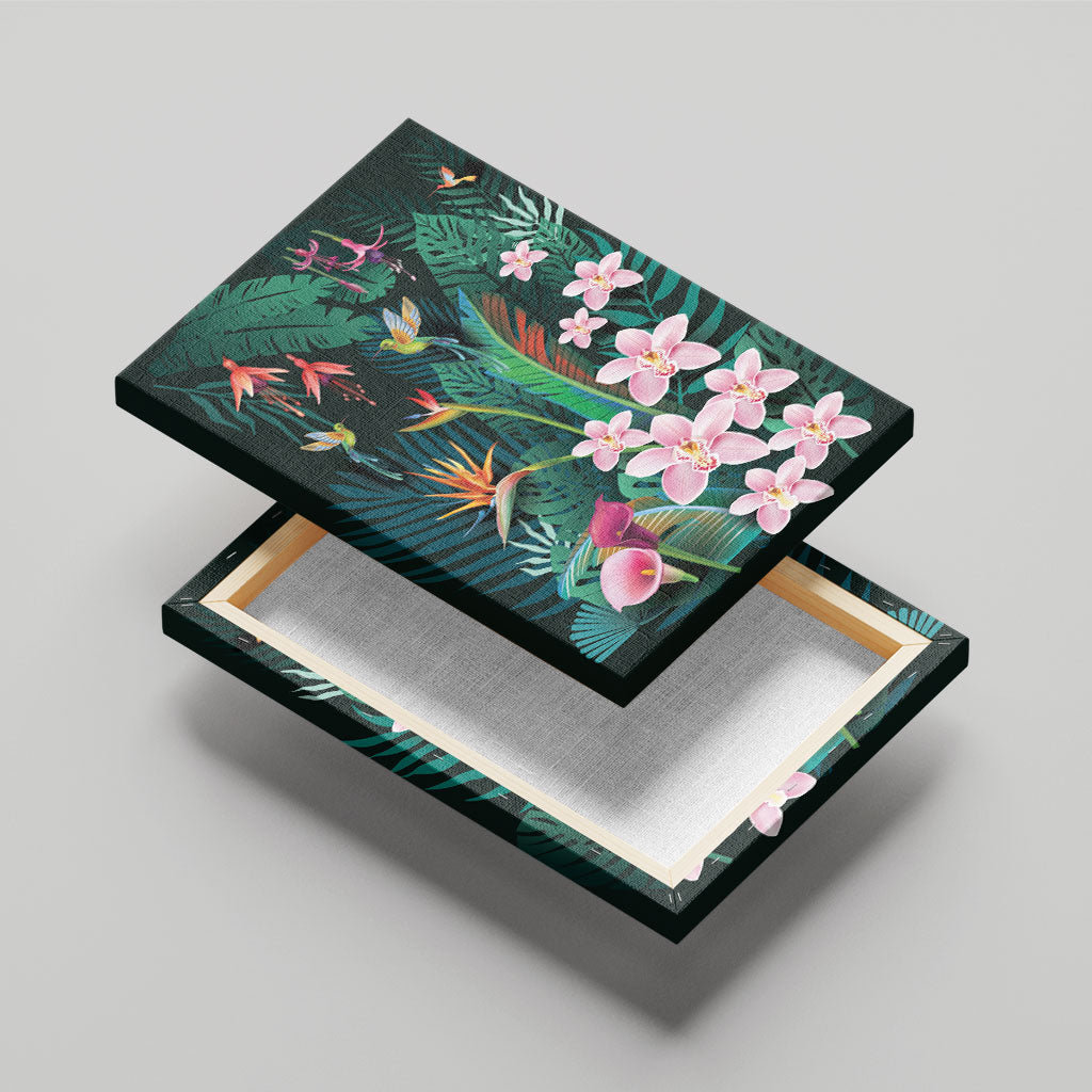 Hawaii Hummingbird Tropical Flowers Canvas Wall Art Dark Green LT01 - Polynesian Pride