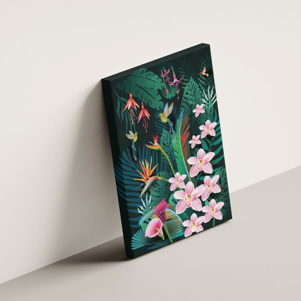 Hawaii Hummingbird Tropical Flowers Canvas Wall Art Dark Green LT01 - Polynesian Pride