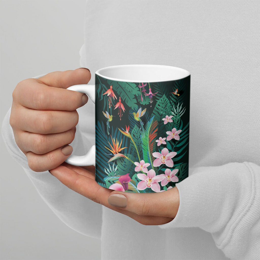 Hawaii Hummingbird Tropical Flowers Ceramic Mug Dark Green LT01 - Polynesian Pride