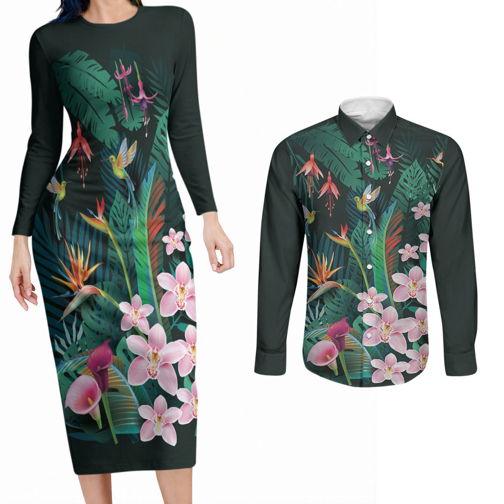 Hawaii Hummingbird Tropical Flowers Couples Matching Long Sleeve Bodycon Dress and Long Sleeve Button Shirt Dark Green LT01 Green - Polynesian Pride