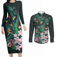 Hawaii Hummingbird Tropical Flowers Couples Matching Long Sleeve Bodycon Dress and Long Sleeve Button Shirt Dark Green LT01 Green - Polynesian Pride