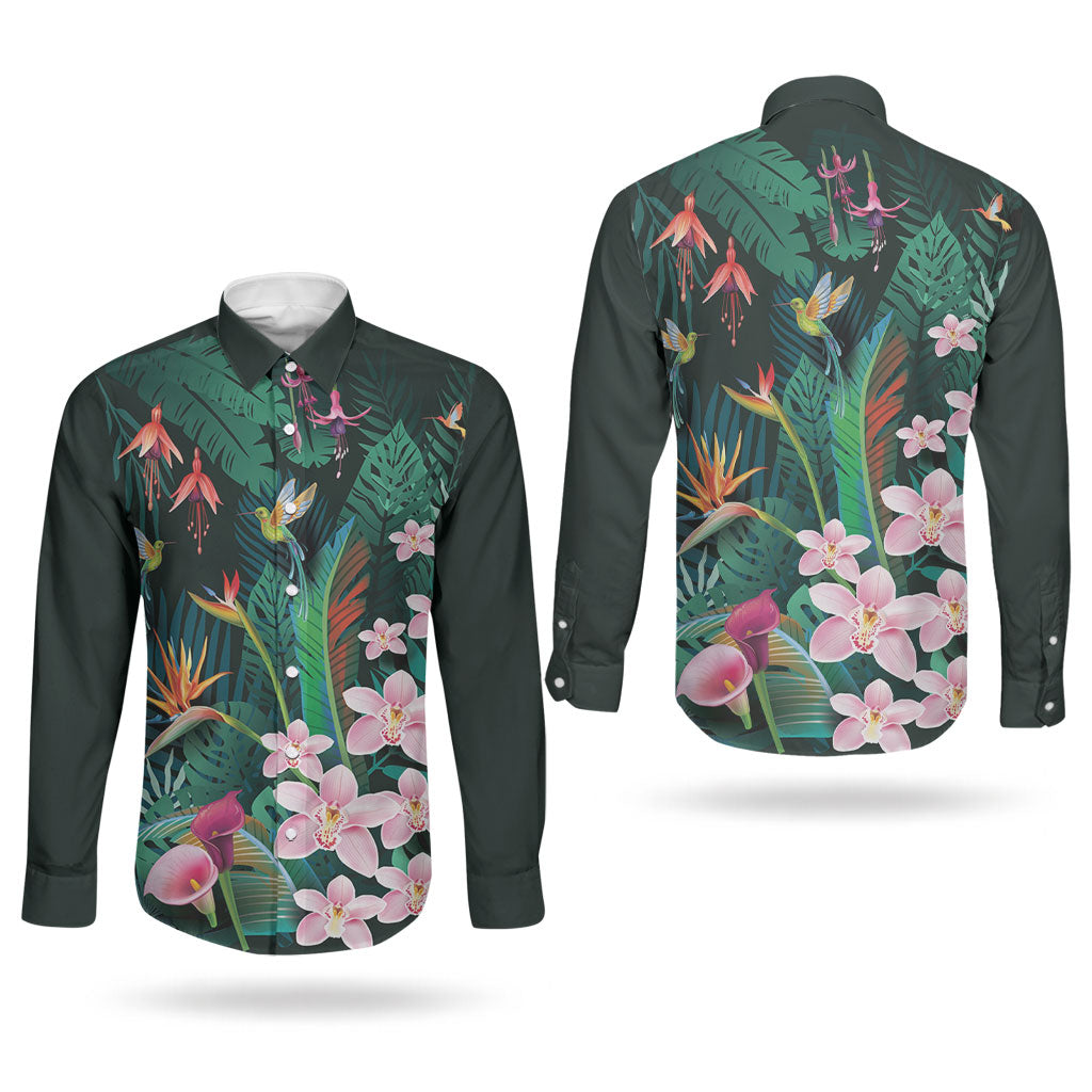 Hawaii Hummingbird Tropical Flowers Couples Matching Long Sleeve Bodycon Dress and Long Sleeve Button Shirt Dark Green LT01 - Polynesian Pride