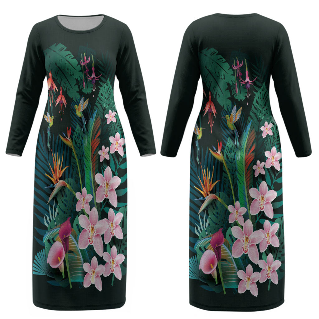 Hawaii Hummingbird Tropical Flowers Couples Matching Long Sleeve Bodycon Dress and Long Sleeve Button Shirt Dark Green LT01 - Polynesian Pride