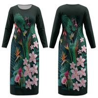 Hawaii Hummingbird Tropical Flowers Couples Matching Long Sleeve Bodycon Dress and Long Sleeve Button Shirt Dark Green LT01 - Polynesian Pride