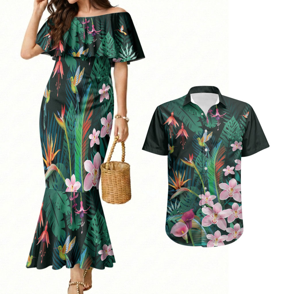 Hawaii Hummingbird Tropical Flowers Couples Matching Mermaid Dress and Hawaiian Shirt Dark Green LT01 Green - Polynesian Pride