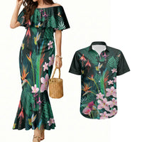 Hawaii Hummingbird Tropical Flowers Couples Matching Mermaid Dress and Hawaiian Shirt Dark Green LT01 Green - Polynesian Pride