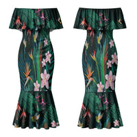 Hawaii Hummingbird Tropical Flowers Couples Matching Mermaid Dress and Hawaiian Shirt Dark Green LT01 - Polynesian Pride