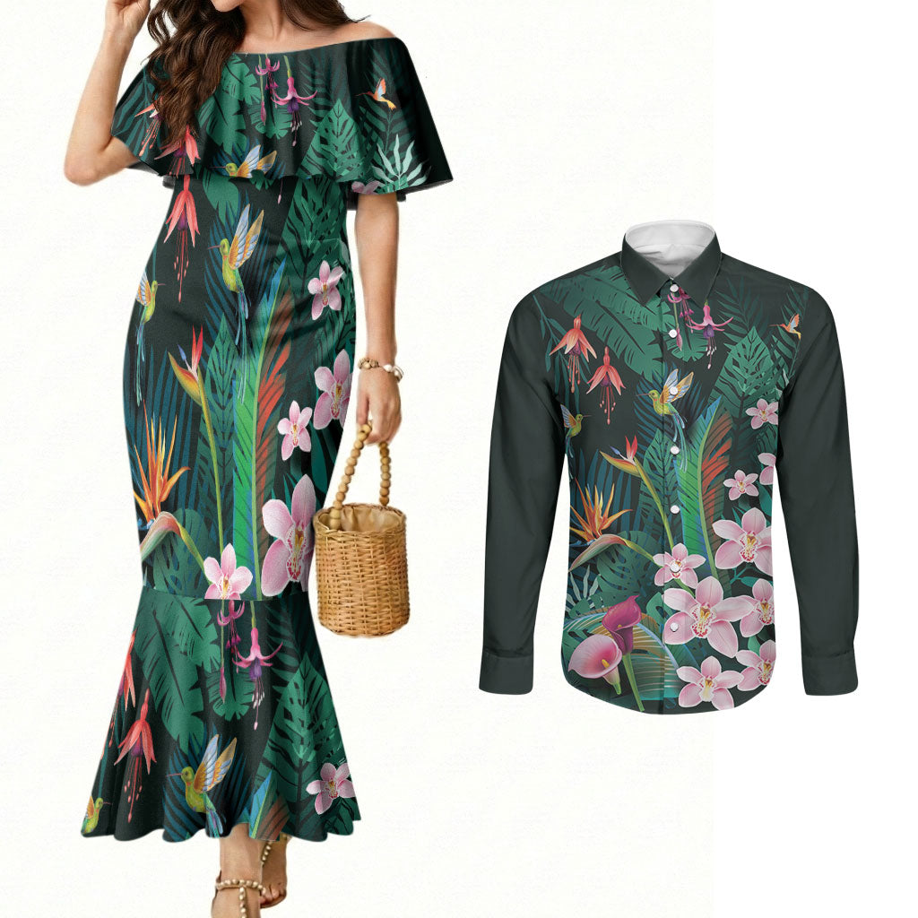 Hawaii Hummingbird Tropical Flowers Couples Matching Mermaid Dress and Long Sleeve Button Shirt Dark Green LT01 Green - Polynesian Pride