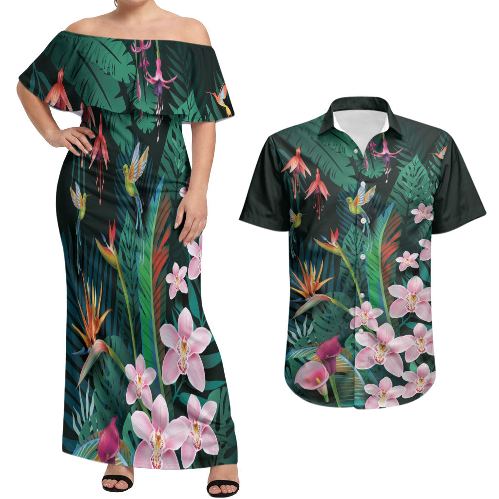 Hawaii Hummingbird Tropical Flowers Couples Matching Off Shoulder Maxi Dress and Hawaiian Shirt Dark Green LT01 Green - Polynesian Pride
