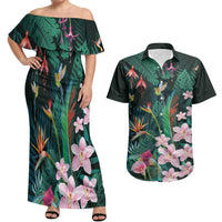 Hawaii Hummingbird Tropical Flowers Couples Matching Off Shoulder Maxi Dress and Hawaiian Shirt Dark Green LT01 Green - Polynesian Pride