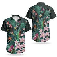 Hawaii Hummingbird Tropical Flowers Couples Matching Off Shoulder Maxi Dress and Hawaiian Shirt Dark Green LT01 - Polynesian Pride