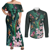 Hawaii Hummingbird Tropical Flowers Couples Matching Off Shoulder Maxi Dress and Long Sleeve Button Shirt Dark Green LT01 Green - Polynesian Pride