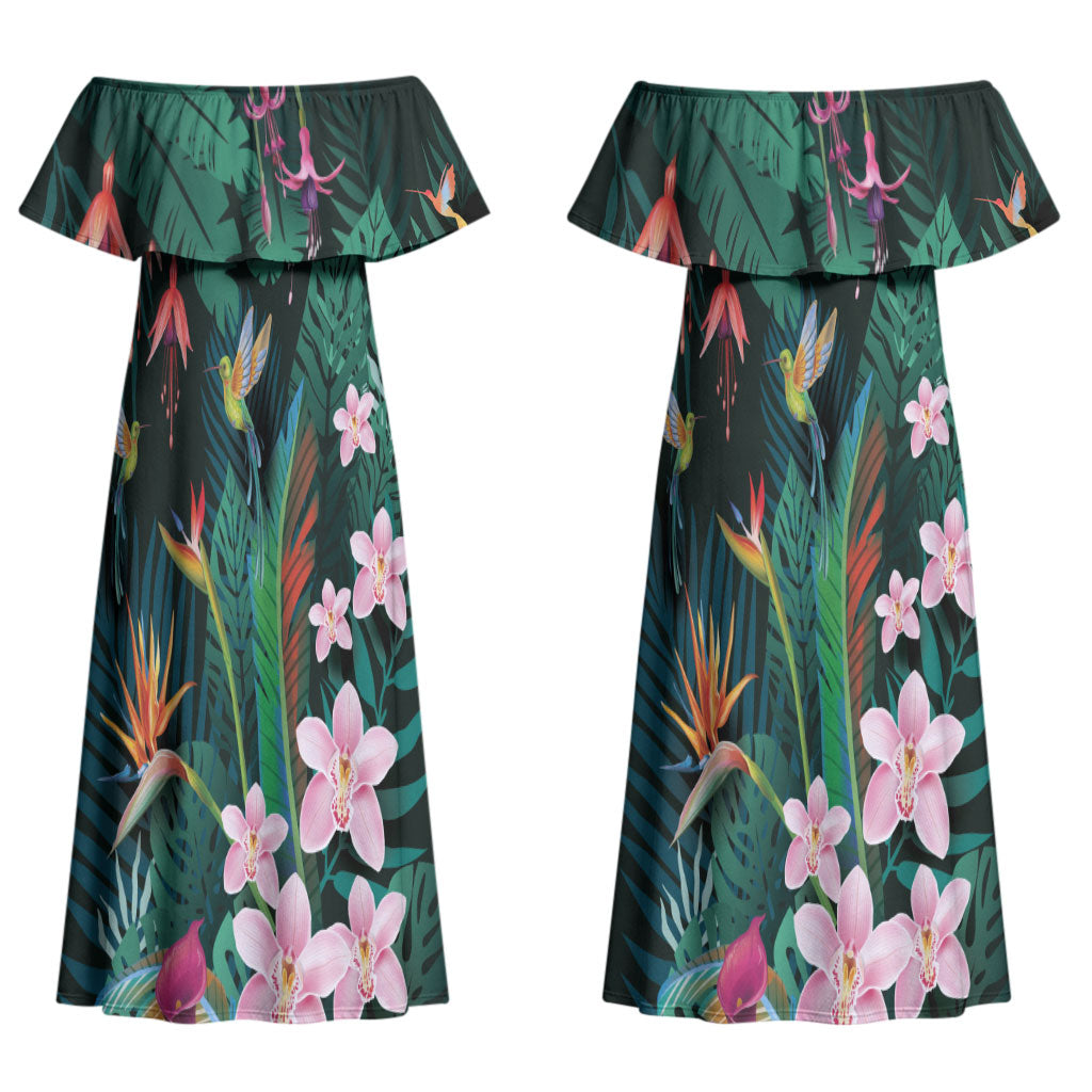 Hawaii Hummingbird Tropical Flowers Couples Matching Off Shoulder Maxi Dress and Long Sleeve Button Shirt Dark Green LT01 - Polynesian Pride