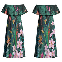 Hawaii Hummingbird Tropical Flowers Couples Matching Off Shoulder Maxi Dress and Long Sleeve Button Shirt Dark Green LT01 - Polynesian Pride