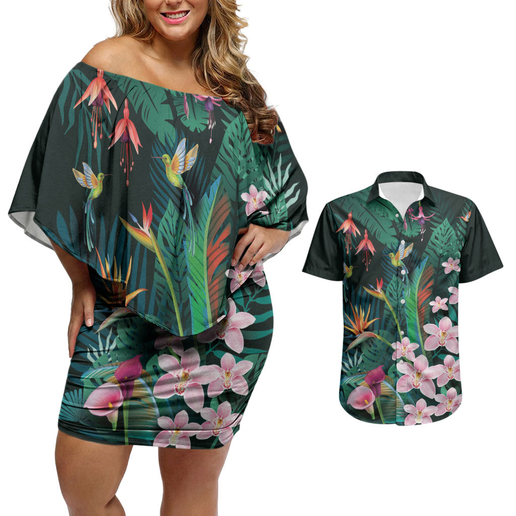 Hawaii Hummingbird Tropical Flowers Couples Matching Off Shoulder Short Dress and Hawaiian Shirt Dark Green LT01 Green - Polynesian Pride