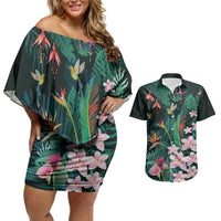 Hawaii Hummingbird Tropical Flowers Couples Matching Off Shoulder Short Dress and Hawaiian Shirt Dark Green LT01 Green - Polynesian Pride
