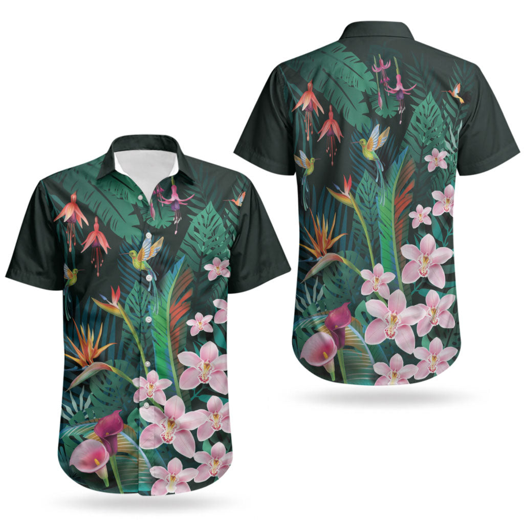 Hawaii Hummingbird Tropical Flowers Couples Matching Off Shoulder Short Dress and Hawaiian Shirt Dark Green LT01 - Polynesian Pride
