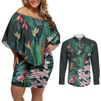 Hawaii Hummingbird Tropical Flowers Couples Matching Off Shoulder Short Dress and Long Sleeve Button Shirt Dark Green LT01 Green - Polynesian Pride