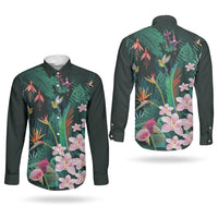 Hawaii Hummingbird Tropical Flowers Couples Matching Off Shoulder Short Dress and Long Sleeve Button Shirt Dark Green LT01 - Polynesian Pride