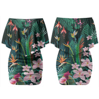 Hawaii Hummingbird Tropical Flowers Couples Matching Off Shoulder Short Dress and Long Sleeve Button Shirt Dark Green LT01 - Polynesian Pride