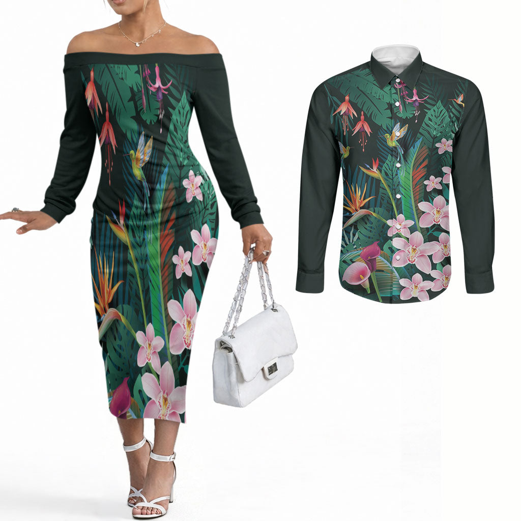Hawaii Hummingbird Tropical Flowers Couples Matching Off The Shoulder Long Sleeve Dress and Long Sleeve Button Shirt Dark Green LT01 Green - Polynesian Pride