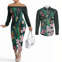 Hawaii Hummingbird Tropical Flowers Couples Matching Off The Shoulder Long Sleeve Dress and Long Sleeve Button Shirt Dark Green LT01 Green - Polynesian Pride